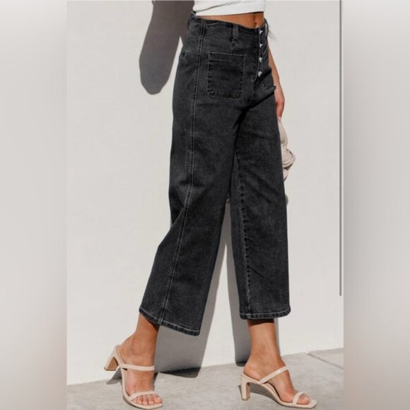 Addkaka Wide Leg High Rise Exposed Button Fly Wide Leg Culotte Stretch Jeans - Picture 3 of 9